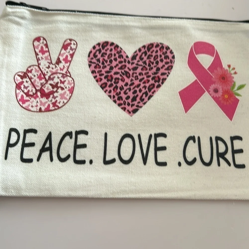 Breast Cancer Awareness Canvas Makeup Bag PEACE. LOVE. CURE / NEW